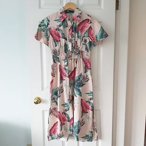Zara - Floral Midi Linen Shirt Dress